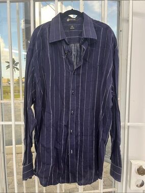 Sean John Navy Blue Vertical-Striped Button-Down Shirt